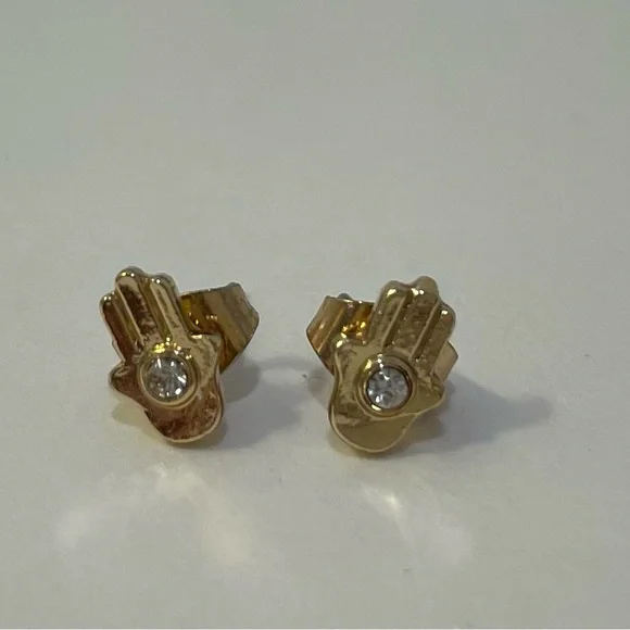 Hamsa Hand‎ Gold Rhinestone Stud Earrings Dainty Timeless Quiet Luxury Mystical - Picture 3 of 9